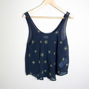 Hollister Sheer Blue Tank Top with Gold Flowers